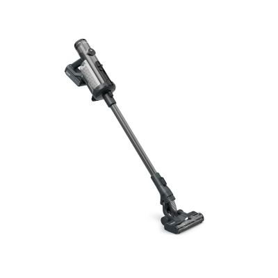Aspirador sem fios cinzento e preto com tubo longo e escova na base