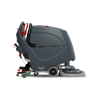 Máquina de limpeza industrial cinzenta com rodas e detalhes vermelhos