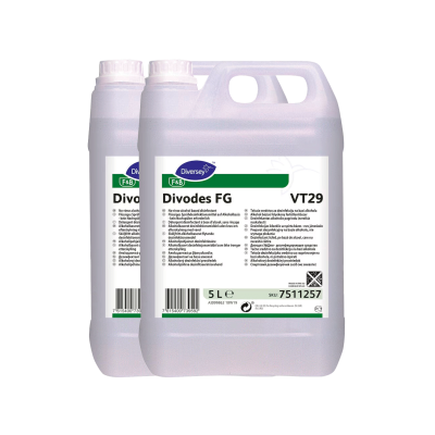 Dois garrafões plásticos de 5 litros com rótulo branco e verde, texto Diversy Divodes FG VT29