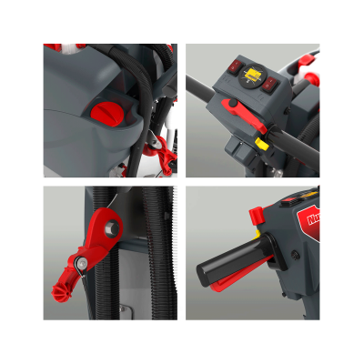 Detalhes de máquina industrial com botões vermelhos, peças cinzentas e painel de controlo com texto parcial