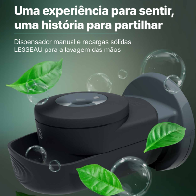 Dispensador manual negro LESSEAU para lavagem das mãos com folhas verdes e bolhas
