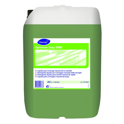 Recipiente verde e branco de detergente líquido Diversey Optimum Step 2000.