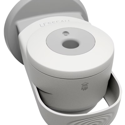 Dispositivo de dispensação cinza e branco com botão e base circular