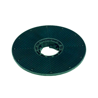 Disco preto circular texturizado com orifício central e encaixes