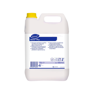 Recipiente plástico branco 5L Oxivir Plus com tampa amarela e rótulo azul