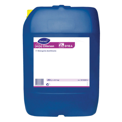 Recipiente azul com detergente desinfetante Diversey Suma Chlorsan D10.4 de 20 litros