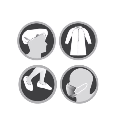 Ícones cirúrgicos branco e cinza de touca, avental, sapatos e máscara