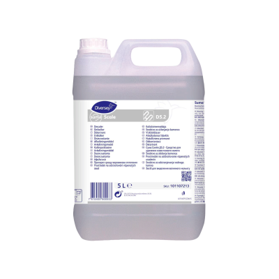 Recipiente plástico translúcido de 5 litros com rótulo branco e azul