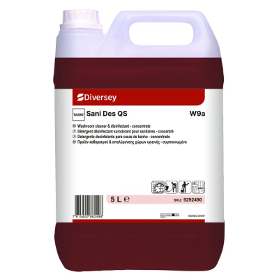 Frasco plástico branco e vermelho com etiqueta de detergente desinfetante Sani Des QS