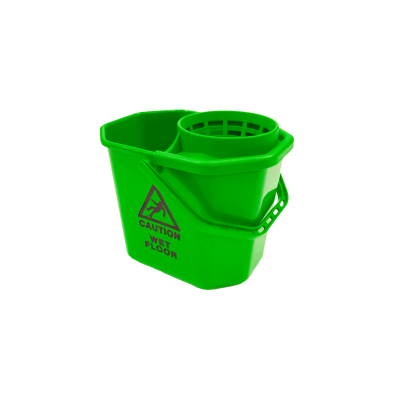 Balde verde de plástico com compartimento para torcer esfregão e texto CAUTION WET FLOOR