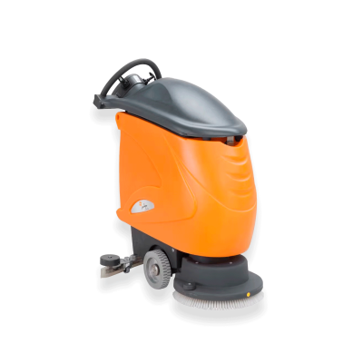 Máquina automática de limpeza de pavimentos laranja e cinzenta com escova circular