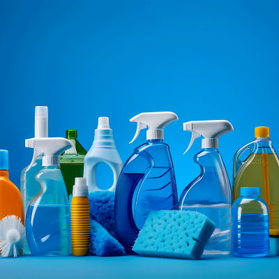 Produtos de limpeza em frascos de plástico coloridos com esponjas e escovas sobre fundo azul