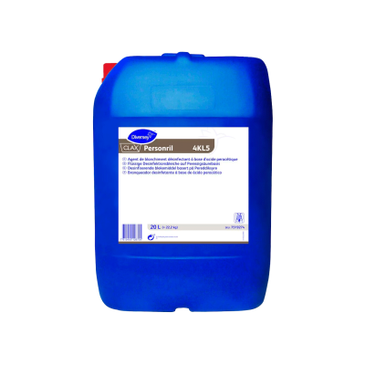 Recipiente azul de plástico com rótulo branco contendo líquido de limpeza e desinfecção Personril 4KL5