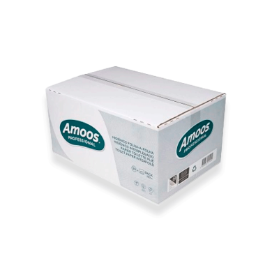 Caixa de papelão branca com logótipo Amoos Professional e texto em verde