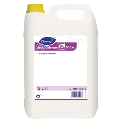 Frasco branco de detergente desinfetante Diversey Suma Chlorsan 5 litros