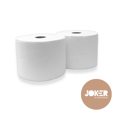 Dois rolos grandes de papel higiénico branco com textura sobre fundo branco e logo JOKER