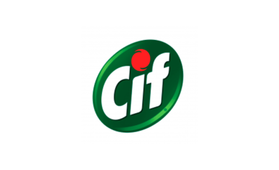 Logótipo branco Cif em oval verde com ponto vermelho