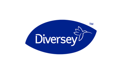 Logótipo Diversey em fundo branco com texto branco em folha azul e borboleta