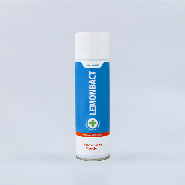 Lemonbact - Desinfetante e Eliminador de Odores com Aroma a Limão Frasco branco de spray LEMONBACT com rótulo azul e laranja