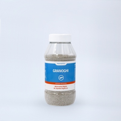 Granoghi: Absorvente Profissional para Derrames de Líquidos e Eliminação de Maus Odores Frasco plástico com granulados cinza e rótulo GRANOGHI