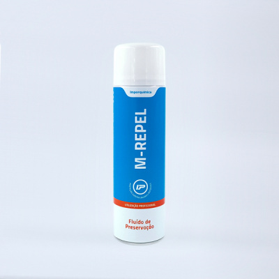 Frasco de spray M-REPEL com etiqueta azul e branca