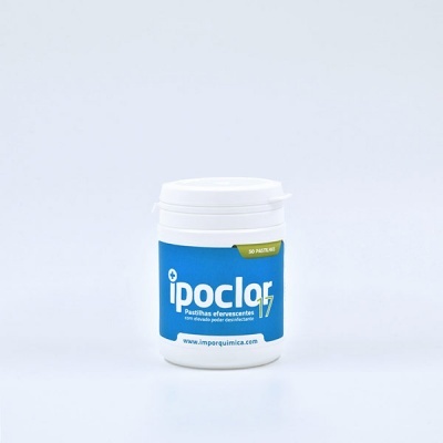 Recipiente branco com tampa e rótulo azul de pastilhas efervescentes Ipoclor 7