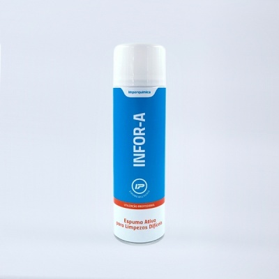 Lata de spray branca com rótulo azul, vermelho e branco para limpeza