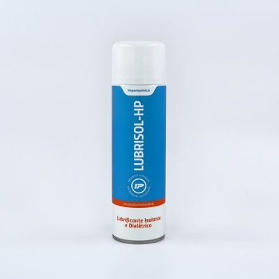 Frasco de spray Lubrisol-HP em plástico branco com rótulo azul e branco