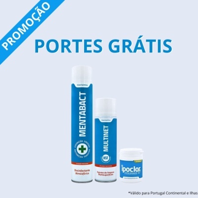 Três produtos de higiene: spray Mentabact, frasco Multinet, recipiente Ipoclor e texto PROMOÇÃO PORTES GRÁTIS.