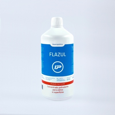 Frasco de limpeza Flazul com rótulo azul e branco