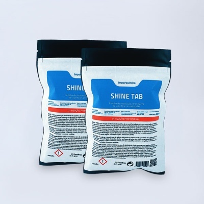 Embalagens do produto SHINE TAB com rótulo azul e branco