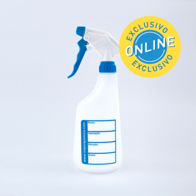 Frasco pulverizador plástico branco com azul, etiqueta com texto e selo exclusivo online