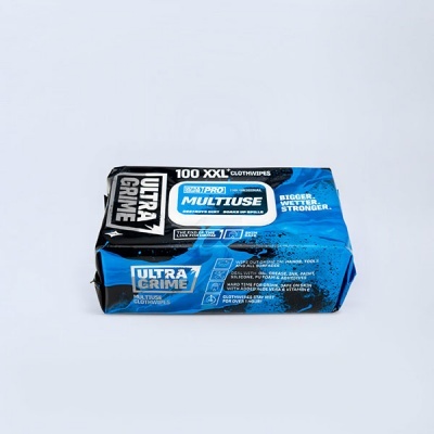 Pacote de sacos de lixo Ultra Grime azul e preto com texto branco