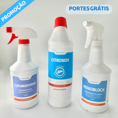Três produtos de limpeza branco com rótulos azuis e vermelhos em fundo branco, com indicação de promoção e portes grátis.