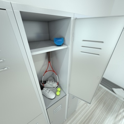Armário metálico aberto com raquete de ténis, bolas, tênis e protetor bucal