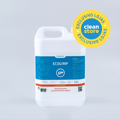 Recipiente branco de plástico com rótulo azul e texto sobre fundo cinzento.