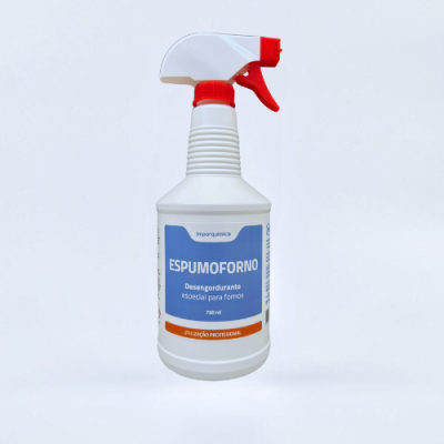 Spray de limpeza Espumoforno para fornos em embalagem branca com etiqueta azul