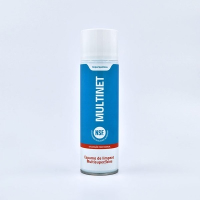 Spray de espuma de limpeza Multisuperfícies Imporquímica, rótulo azul e branco com detalhe vermelho e selo NSF
