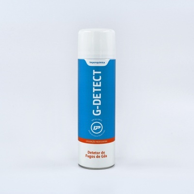 Frasco branco com rótulo azul e vermelho do detetor de fugas de gás G-DETECT