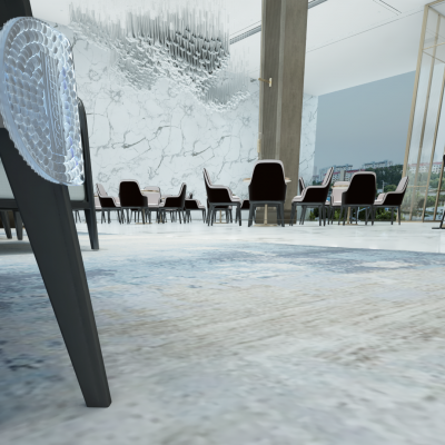 Cadeira de plástico transparente com pernas pretas em ambiente interior moderno