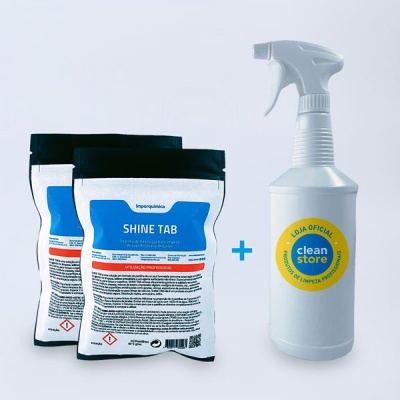 sacos de SHINE TAB e pulverizador branco com selo clean store