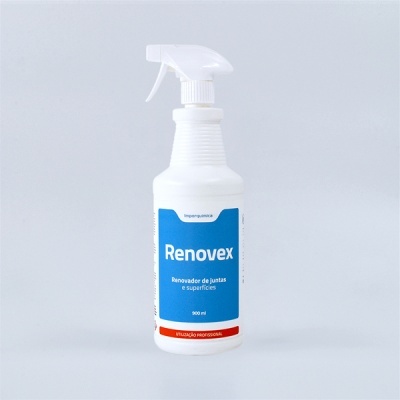 Frasco branco com pulverizador e etiqueta azul e vermelha do produto Renovex.