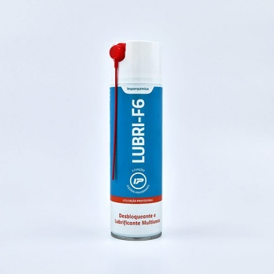 Aerosol Lubri-F6 com tampa branca e rótulo azul