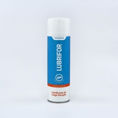 Frasco de spray lubrificante LUBRIFOR com rótulo azul e branco