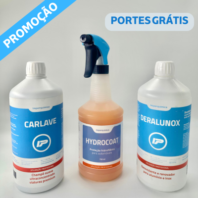 Produtos de limpeza automóvel Hydrocoat, Carlave e Deralunox em frascos com rótulos azuis, cenário branco