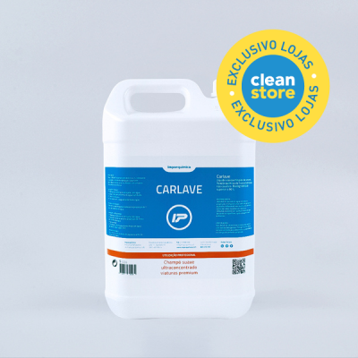 Garrafa branca com rótulo azul, texto CARLAVE e selo EXCLUSIVO LOJAS clean store