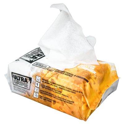 Pacote de toalhitas antibacterianas Ultra Grime branco e laranja com unha puxada para fora