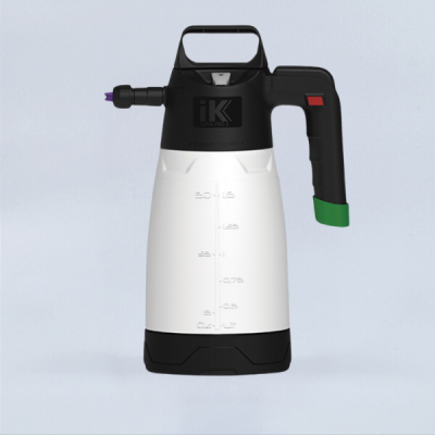 Pulverizador branco e preto com medidor de litros e punho colorido