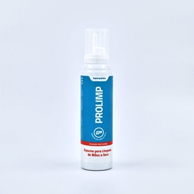 Frasco branco de espuma de limpeza PROLIMP com rótulo azul e vermelho