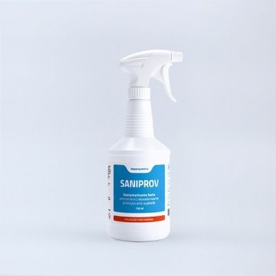 Frasco de spray SANIPROV branco e azul em fundo branco